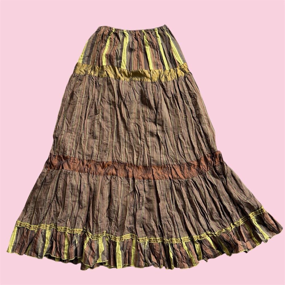 Euro Y2K Brown and green striped maxi skirt with ruffles and elastic waistband